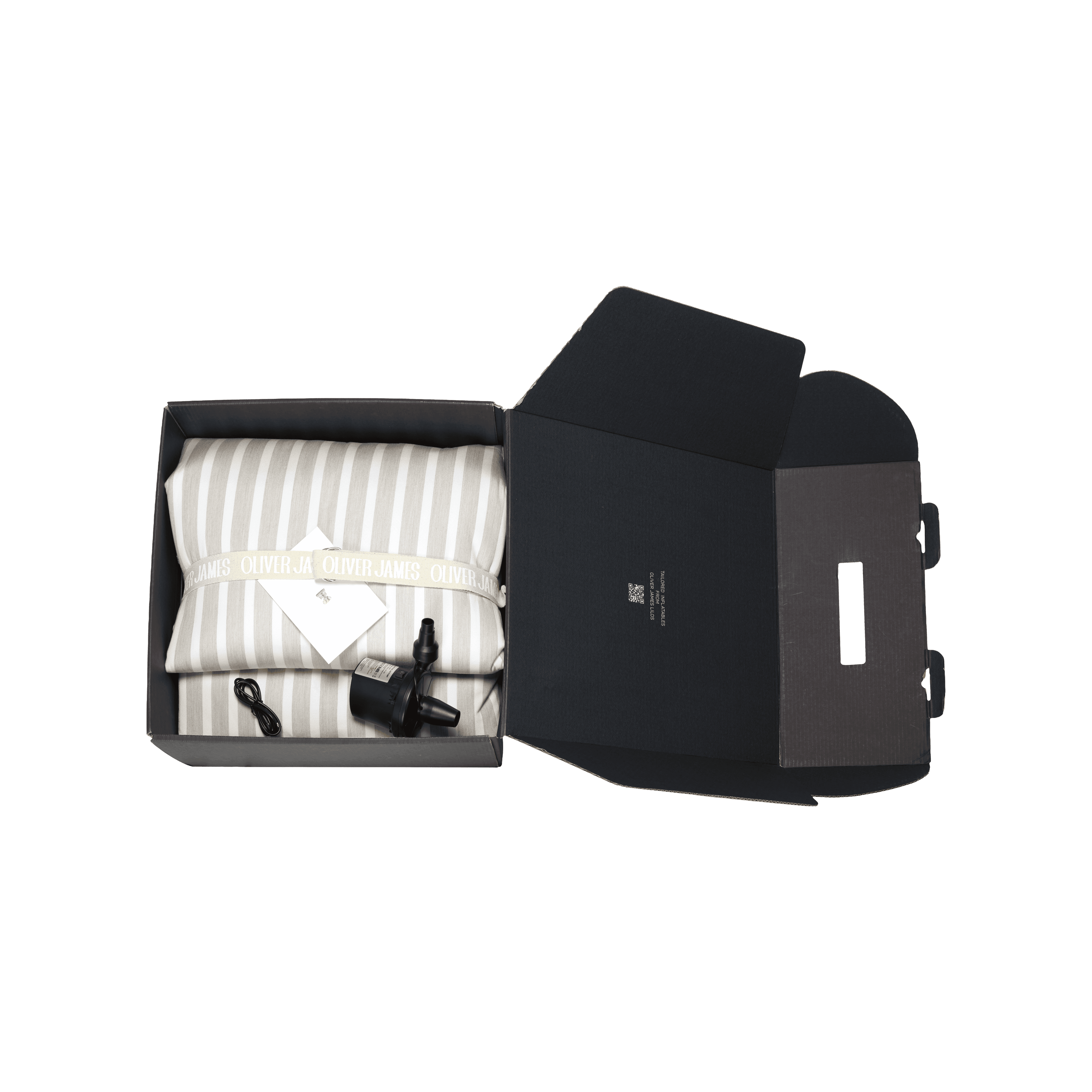 Beige-and-white striped lilo folded in its structured black travel case with branded label and securing straps