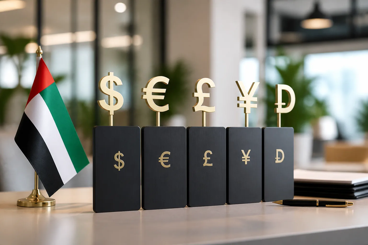 Multiple Currency Corporate Bank Accounts in the UAE beside a corporate bank card, payment terminal