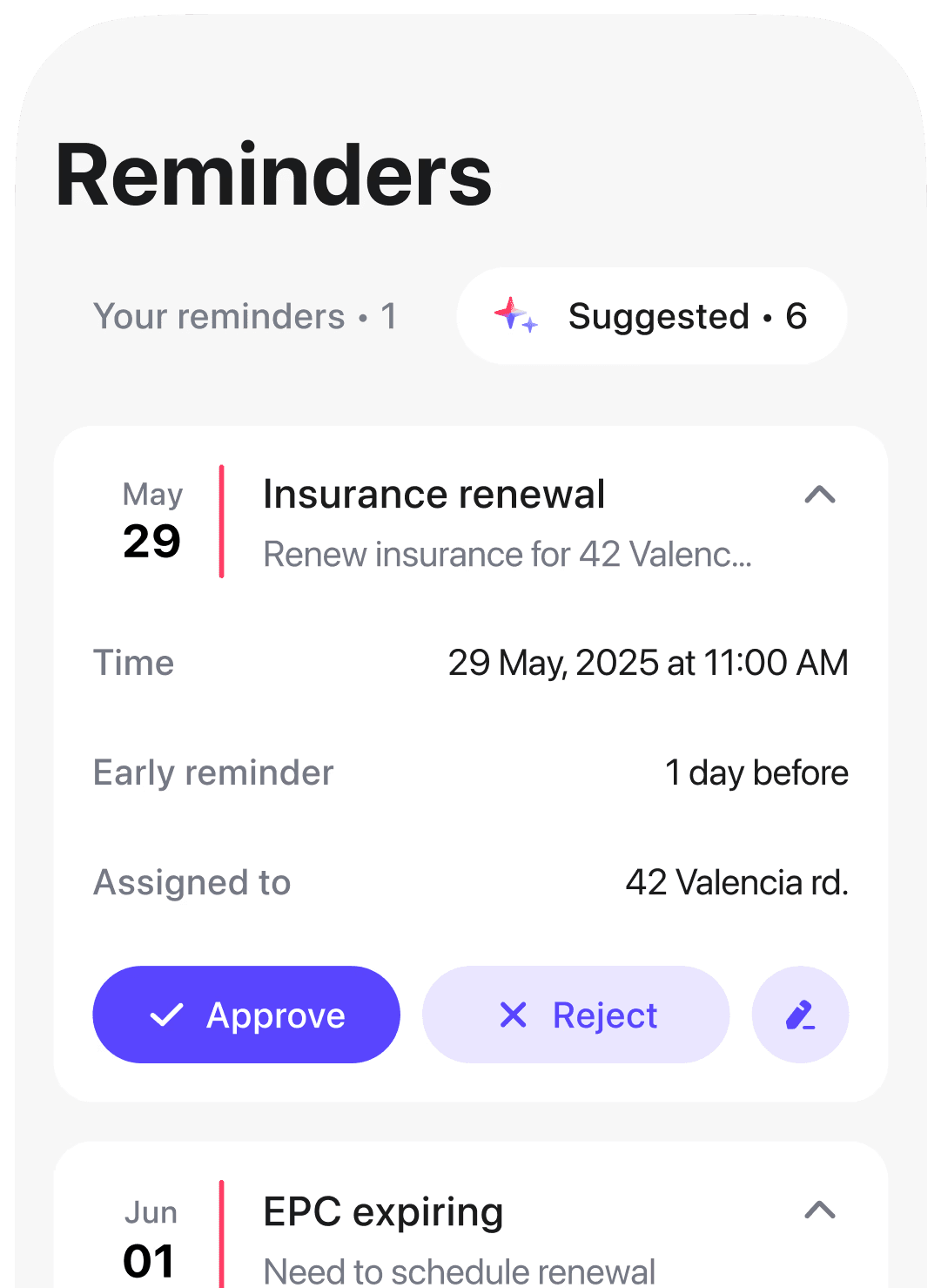 A mobile app interface displays reminders for "Insurance renewal" on May 29 and "EPC expiring" on June 1, with options for approval and rejection, integrating features for property and rental management.