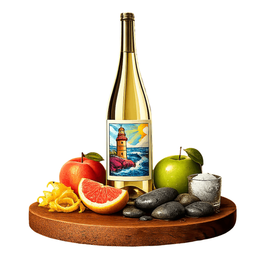 Artistic label and flavor profile for Spanish Albariño on a rustic wooden table.