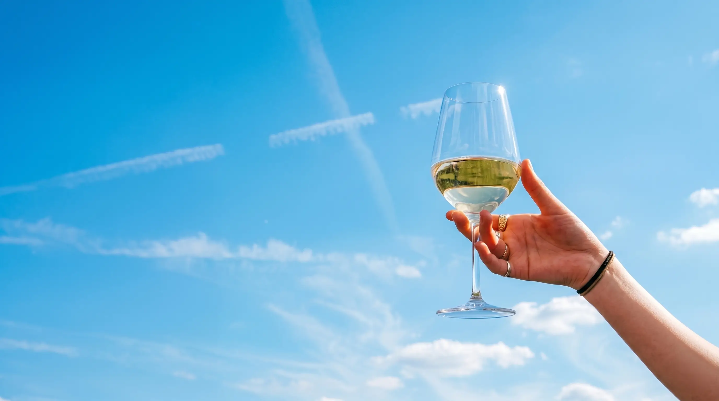 Main tenant un verre de vin blanc devant un ciel bleu.