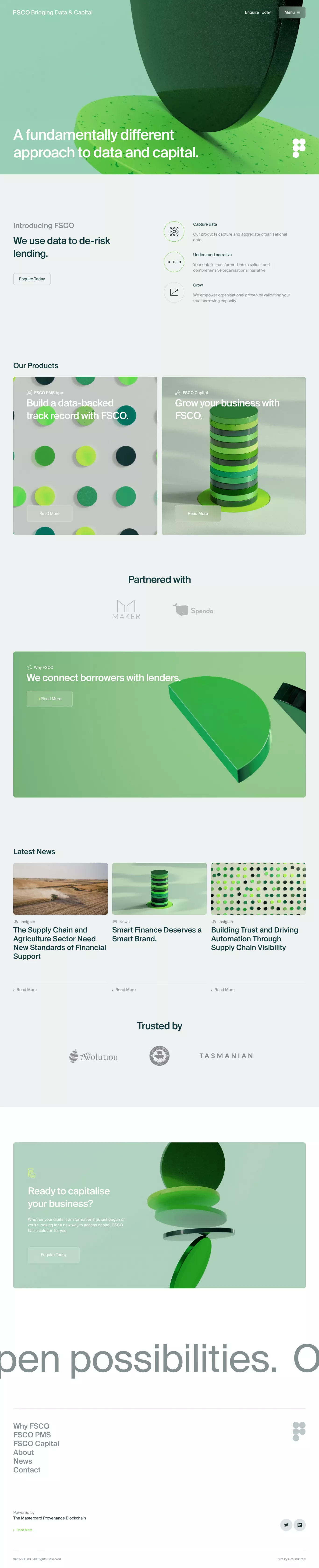 FSCO landing page screenshot showcasing Tech and Finance design
