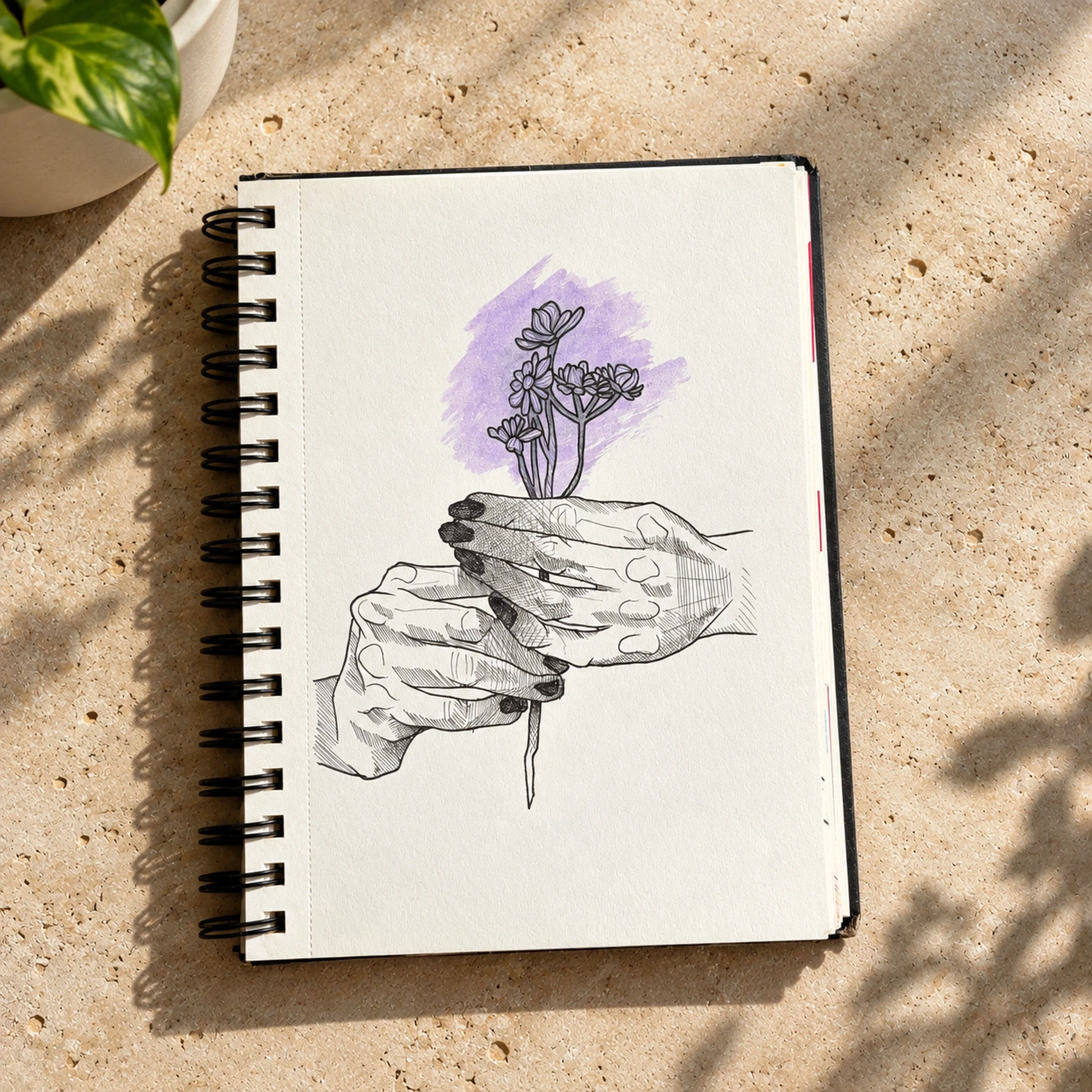 Drawing of two hands holding a small flowering plant against a purple patch.
