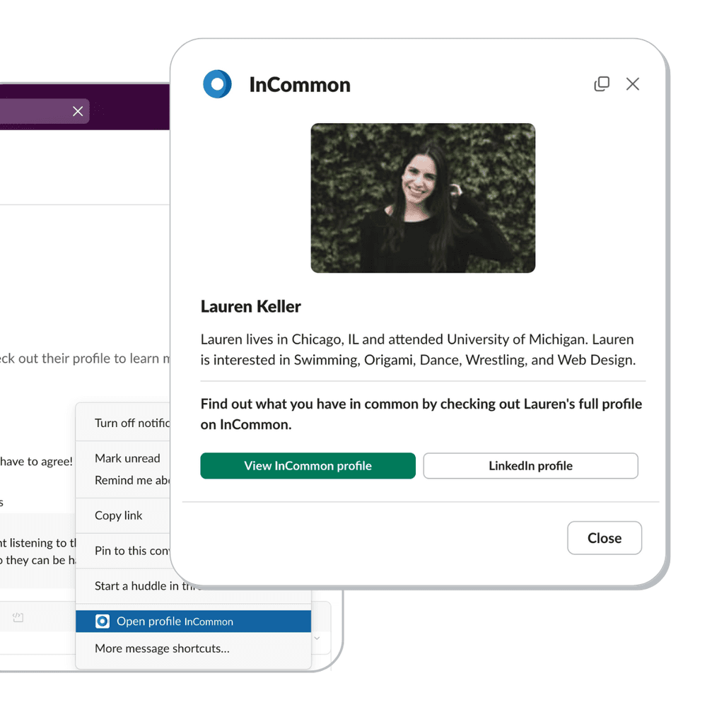 Screenshot of someone's InCommon profile opened from within Slack