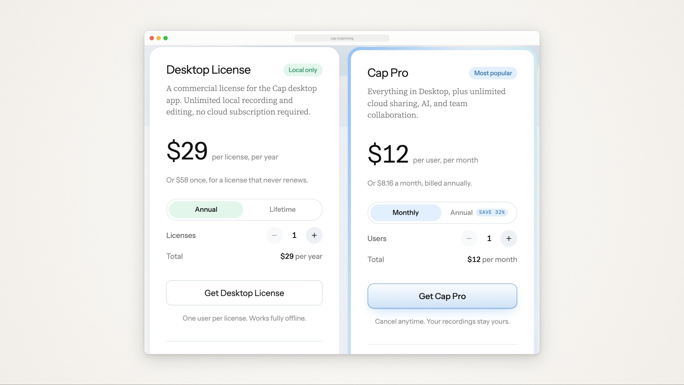 Cap pricing cards: Desktop License at $29 per license per year or $58 once, and Cap Pro at $12 per user per month or $8.16 a month billed annually