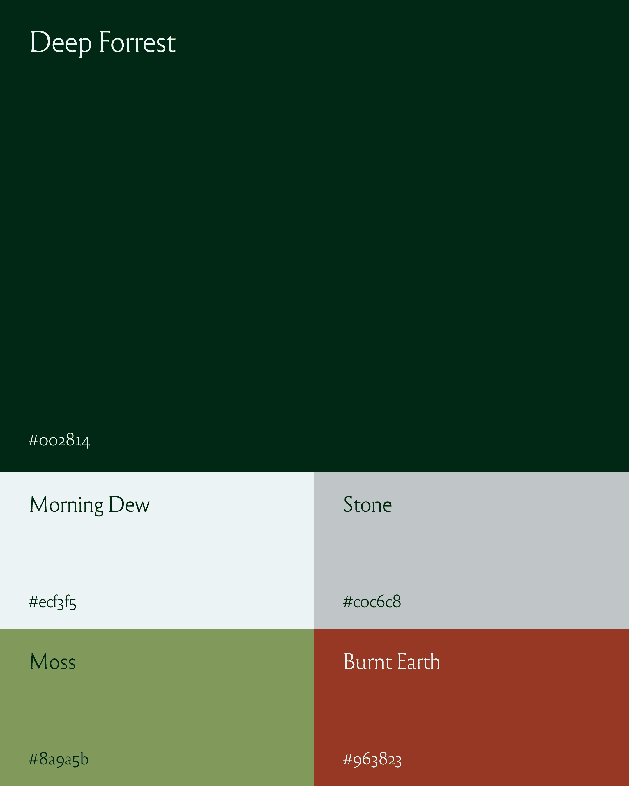 Moss colour palette showing Deep Forrest green, Morning Dew cream, Stone grey, sage green, and Burnt Earth rust