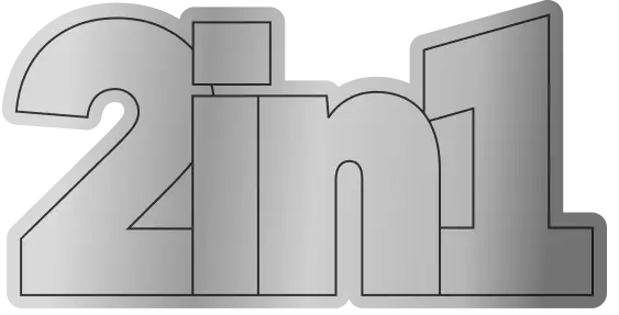 “2 in 1” typographic composition in layered gray forms, suggesting modularity and depth.