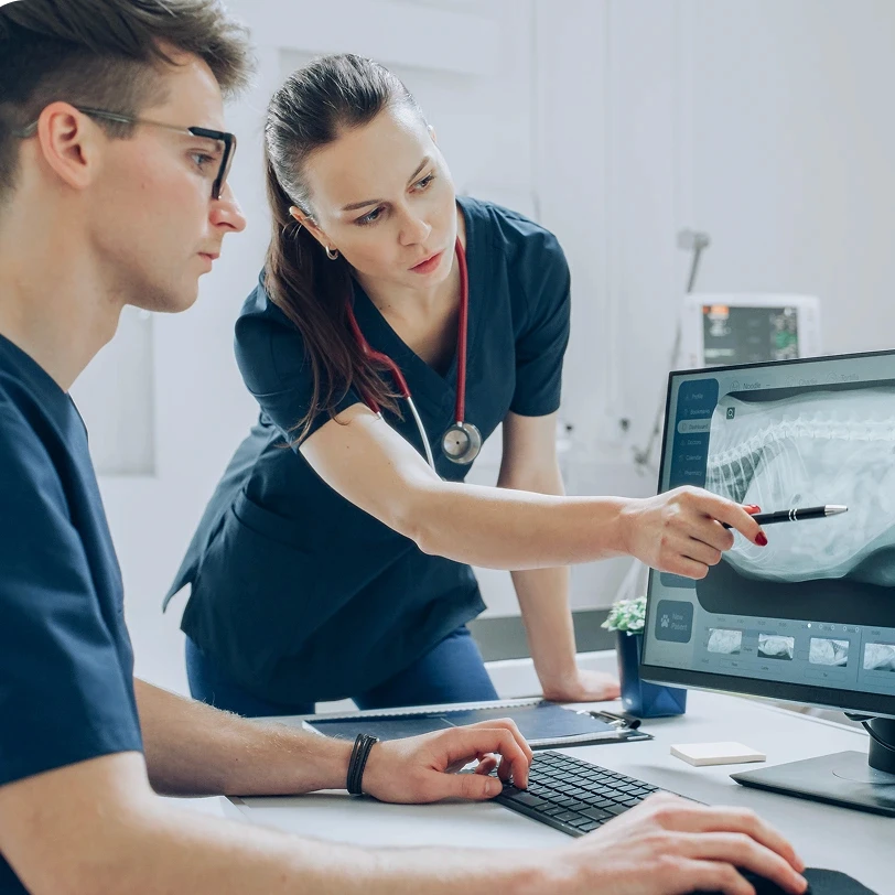 Two veterinary professionals reviewing an X-ray on a monitor