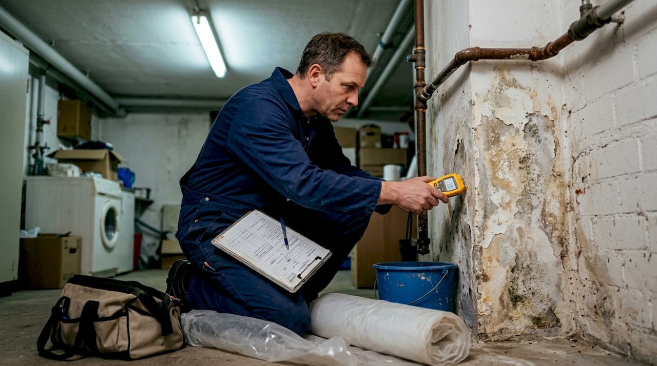 Ein Fachmann begutachtet die feuchte Kellerwand von innen.