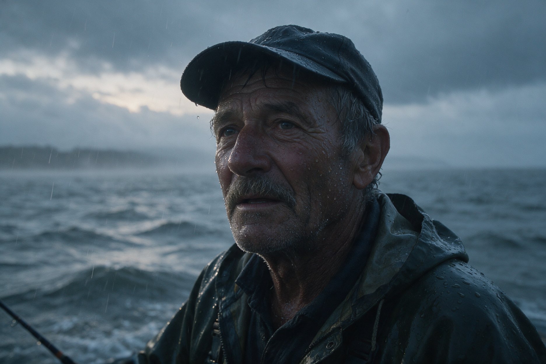 Weathered fisherman in the rain at dawn
