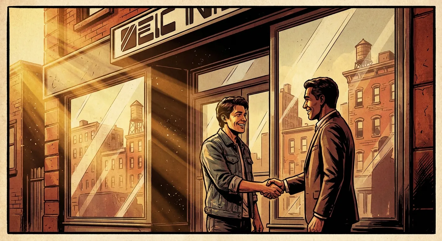 Two men shaking hands outside a building, representing RockN' Socials Digital Marketing Agency.