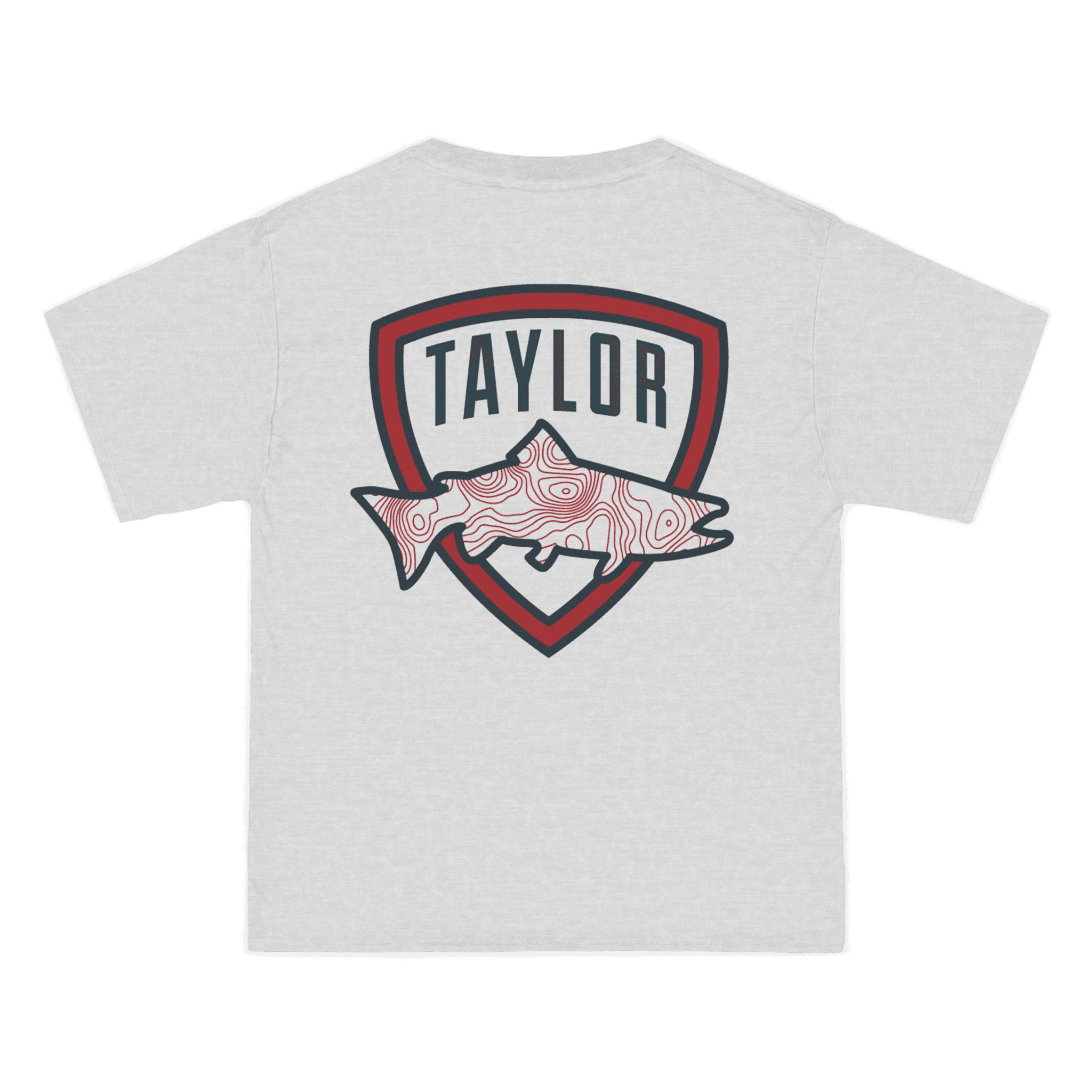 taylor shield logo shirt red and blue on grey