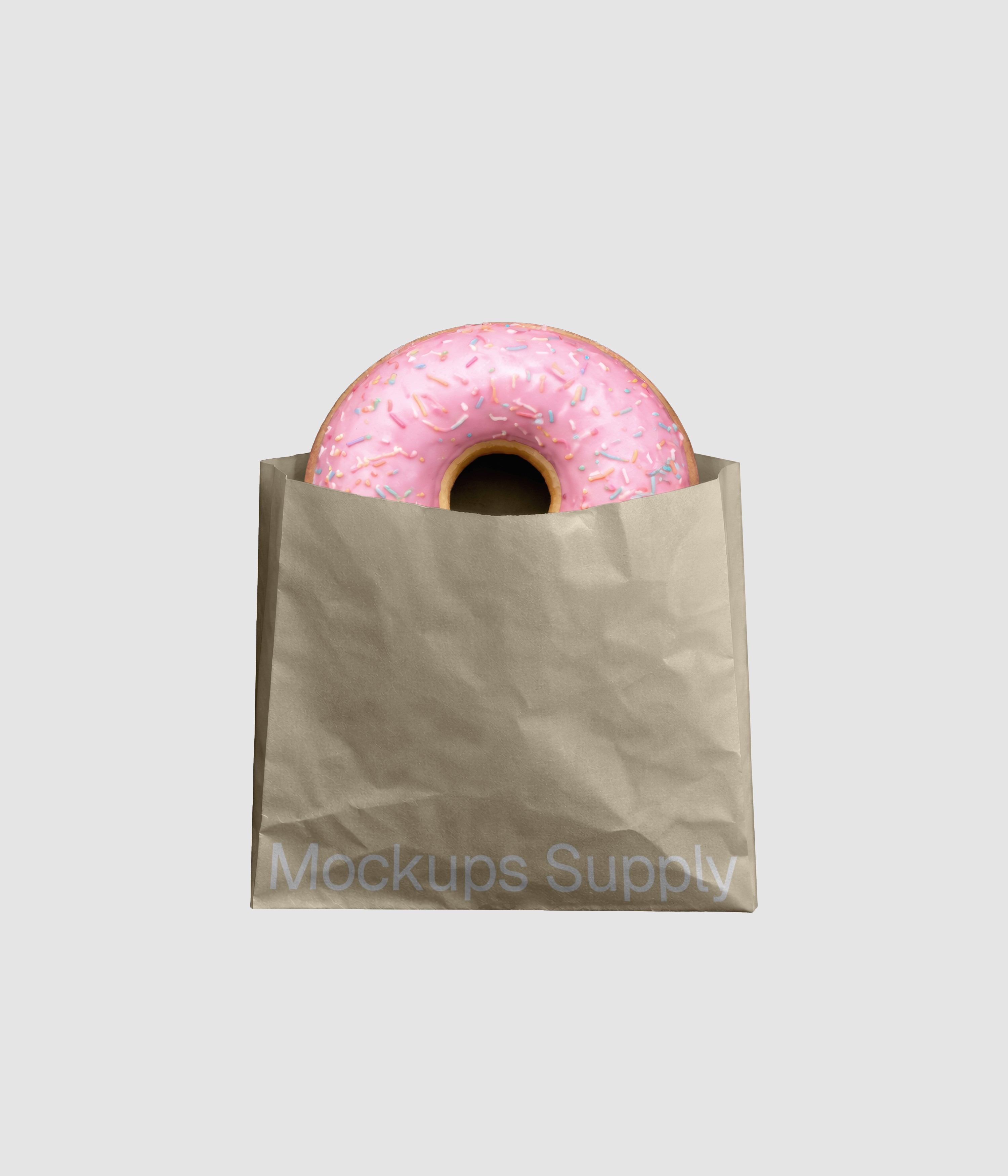 Pink sprinkle donut in beige paper bag mockup on gray background for Photoshop download psd on Mockups Supply