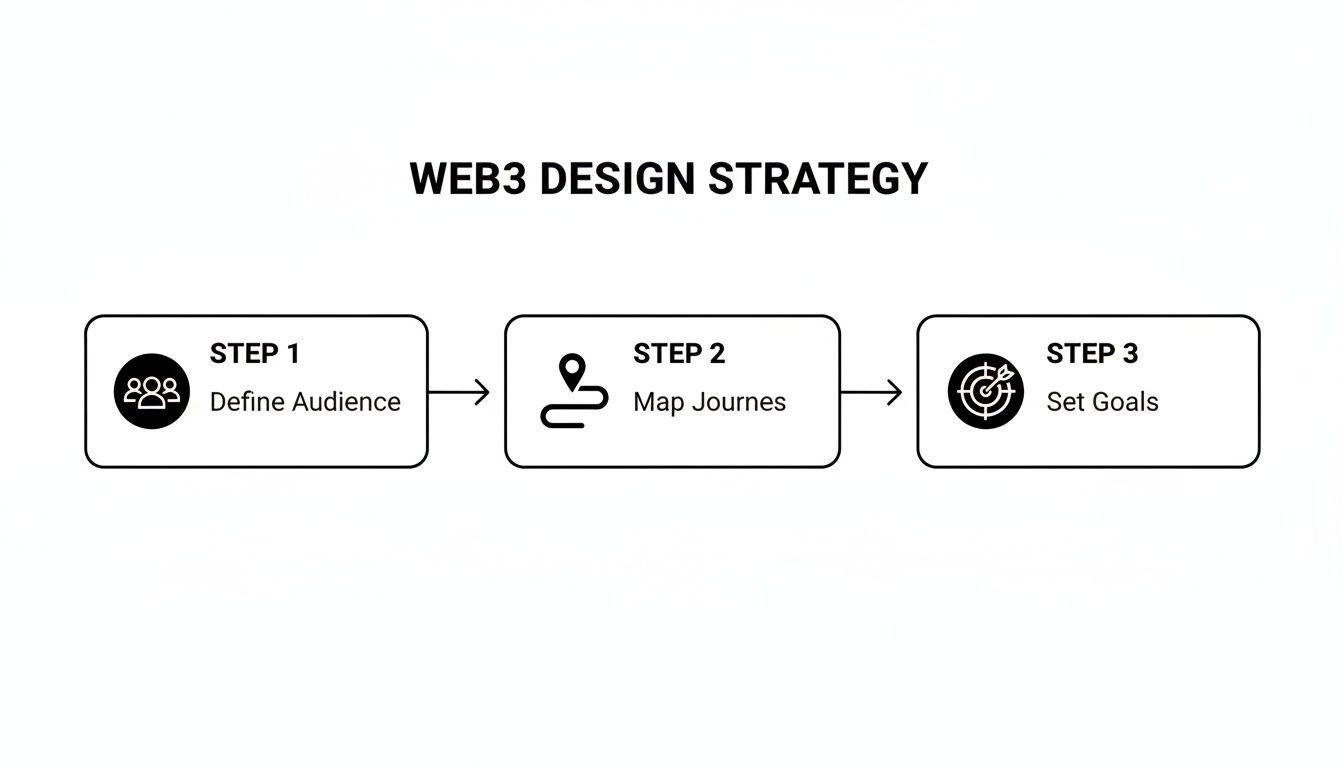 A Web3 design strategy flowchart with three steps: Define Audience, Map Journeys, and Set Goals.