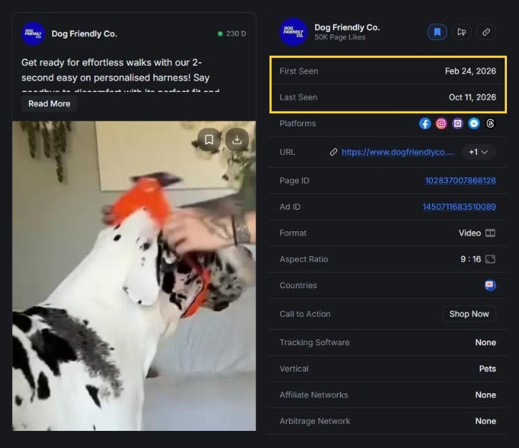 Dog Friendly Co.'s oldest live ad in AdPlexity Social: first seen February 24, 2026, last seen October 11, 2026