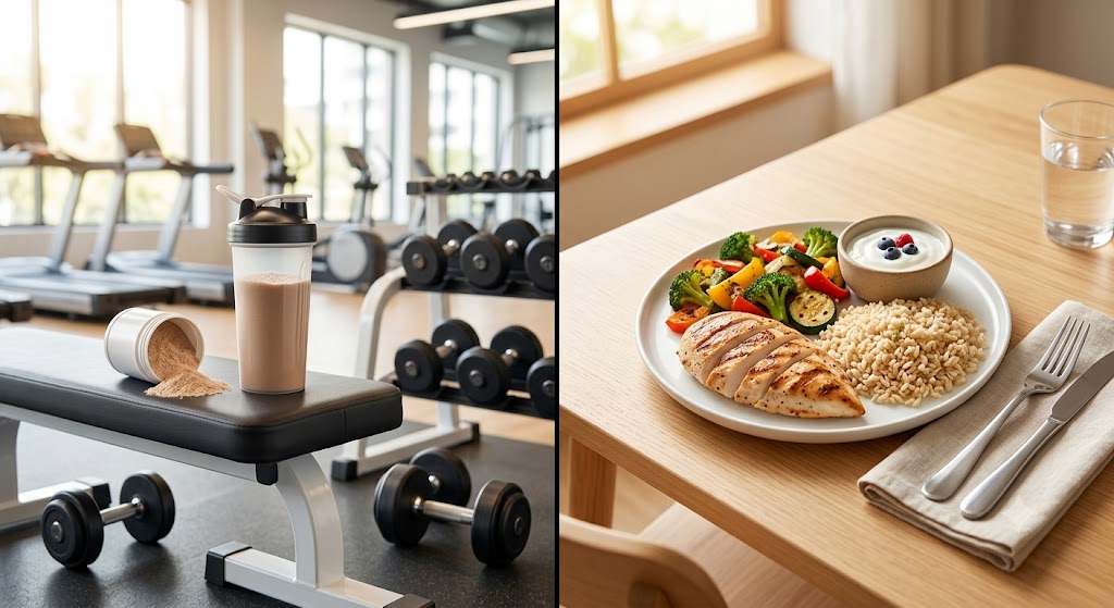 A split-screen comparison. Left side: protein shaker bottle with whey protein powder beside dumbbells inside a modern gym. Right side: healthy recovery meal with grilled chicken, rice, vegetables, and Greek yogurt on a dining table. Bright natural lighting, realistic photography, balanced composition, fitness lifestyle aesthetic, clean background, ultra-detailed, no text, no logos.