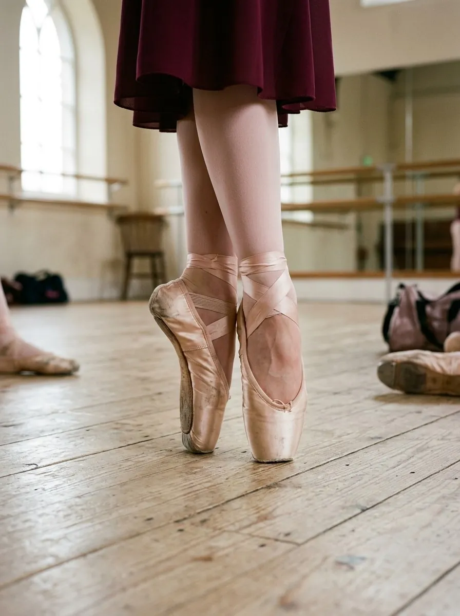 A teenage dancer en pointe in satin pointe shoes and a burgundy skirt