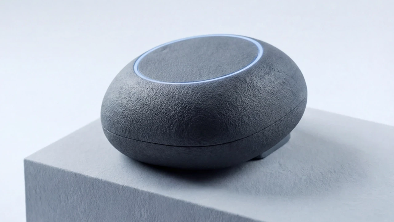 A textured dark grey smart sleep device with a glowing blue ring on a light blue block.