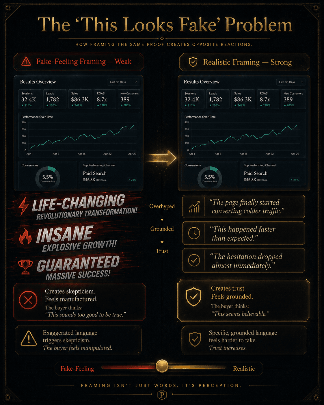 “The ‘This Looks Fake’ Problem” Concept: A split-screen comparison showing the same proof asset with realistic vs overhyped framing.  Left side (Fake-Feeling Framing — Red/Desaturated): A proof asset (dashboard screenshot) with exaggerated captions:  “Life-changing revolutionary transformation!”  “Insane explosive growth!”  “Guaranteed massive success!”  The captions are loud, flashy, desaturated red. Label: “Creates skepticism. Feels manufactured. The buyer thinks: ‘This sounds too good to be true.’”  Right side (Realistic Framing — Gold/Glowing): The same proof asset with grounded, specific captions:  “The page finally started converting colder traffic.”  “This happened faster than expected.”  “The hesitation dropped almost immediately.”  The captions are calm, gold, understated. Label: “Creates trust. Feels grounded. The buyer thinks: ‘This seems believable.’”  A curved arrow points from left to right with the word: “Overhyped → Grounded → Trust.”  Style: Dark charcoal background. Left side: desaturated red/grey, loud, exaggerated. Right side: warm gold/amber, calm, understated, credible.  Interaction: Hovering the left side reveals: “Exaggerated language triggers skepticism. The buyer feels manipulated.” Hovering the right side reveals: “Specific, grounded language feels harder to fake. Trust increases.” A slider transitions from “Fake-Feeling” to “Realistic” framing.