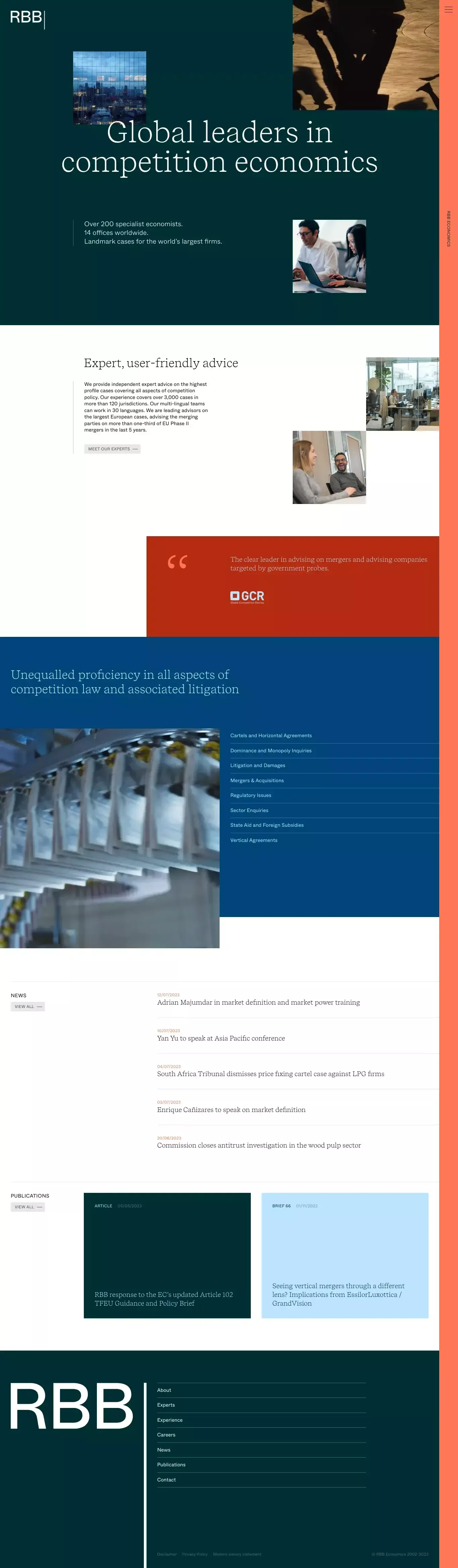 Global leaders in competition economics landing page screenshot showcasing Finance design