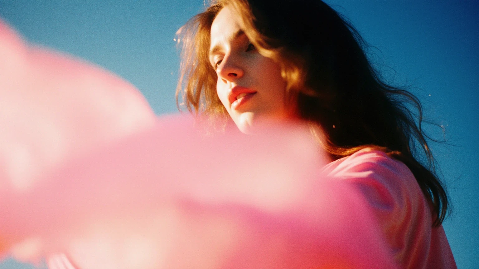 Ethereal portrait of a woman in flowing pink fabric, blending soft motion blur with warm pink and orange tones for a dreamy effect.