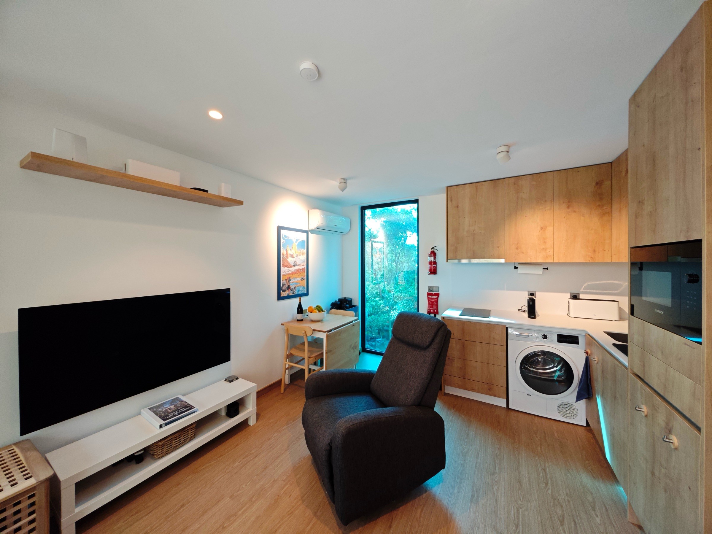 Interior view of the open living room and kitchen