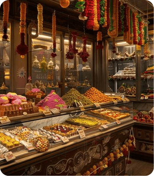 Traditional Indian sweet shop interior with a wide display of colorful sweets like laddus, barfis, and dry fruit treats, decorated with marigold flower garlands