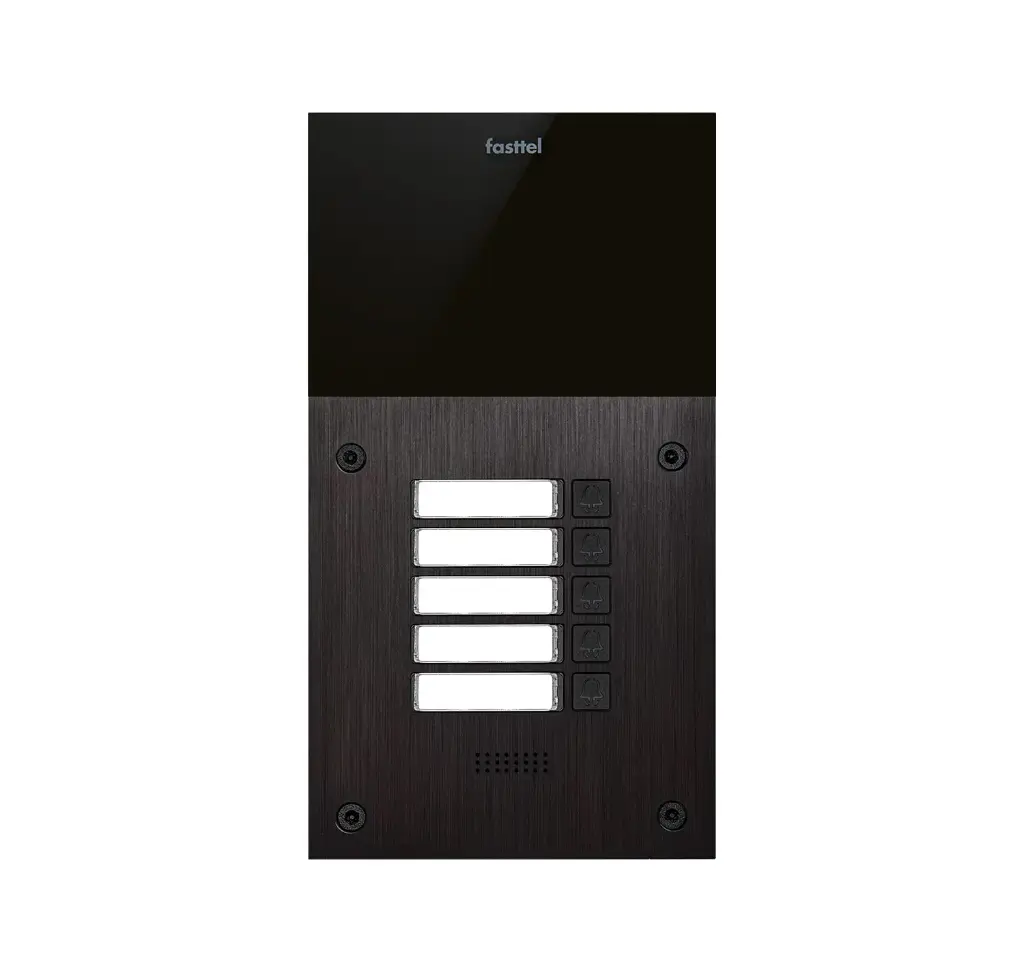 Black smart home device with screen showing time and temp