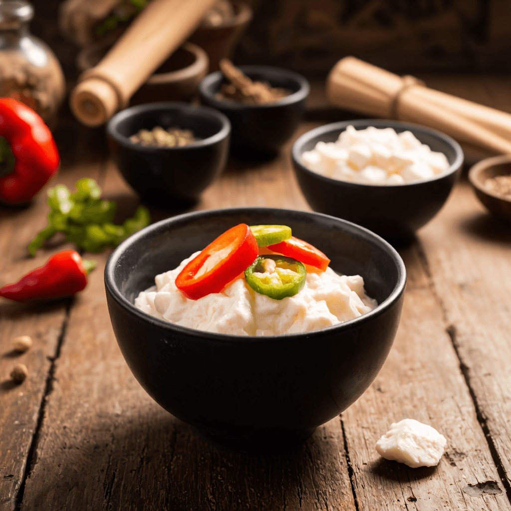 product photography of a bowl of soft tofu with sliced peppers for garnish