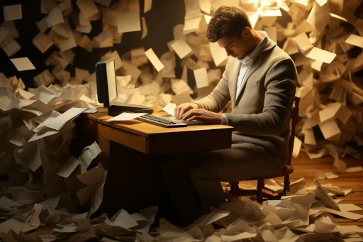 A man in a gray sweater and dark trousers is focused on working at a wooden desk, surrounded by an overwhelming number of flying papers, with a classic computer monitor in front of him. The scene conveys a sense of chaos and being inundated with work
