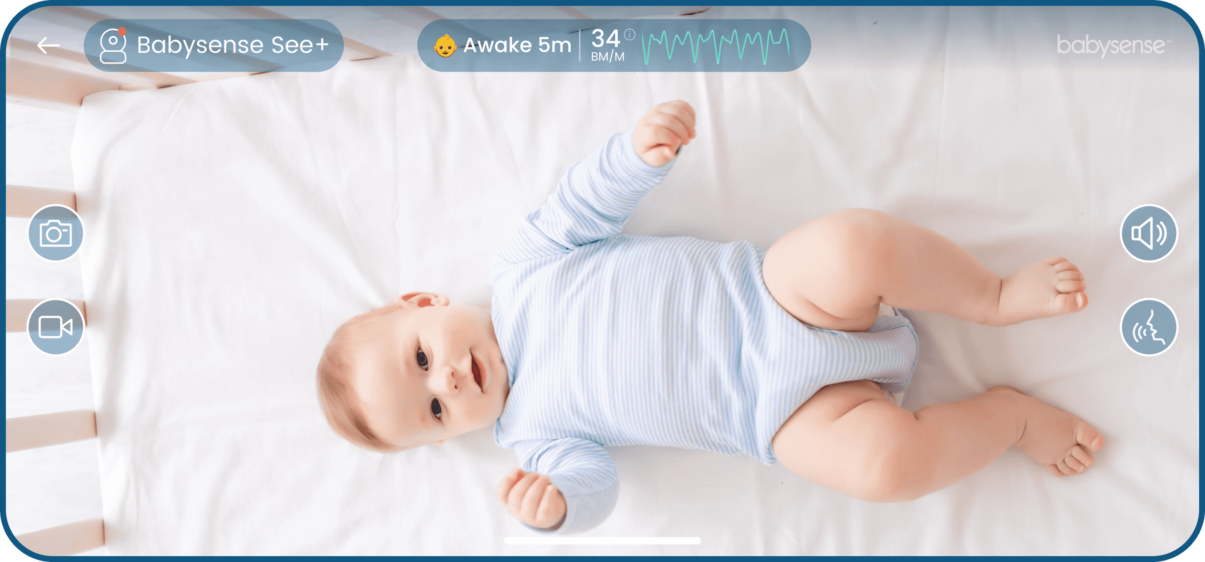 landscape view of the babysense mobile app with showing a baby that is being monitored