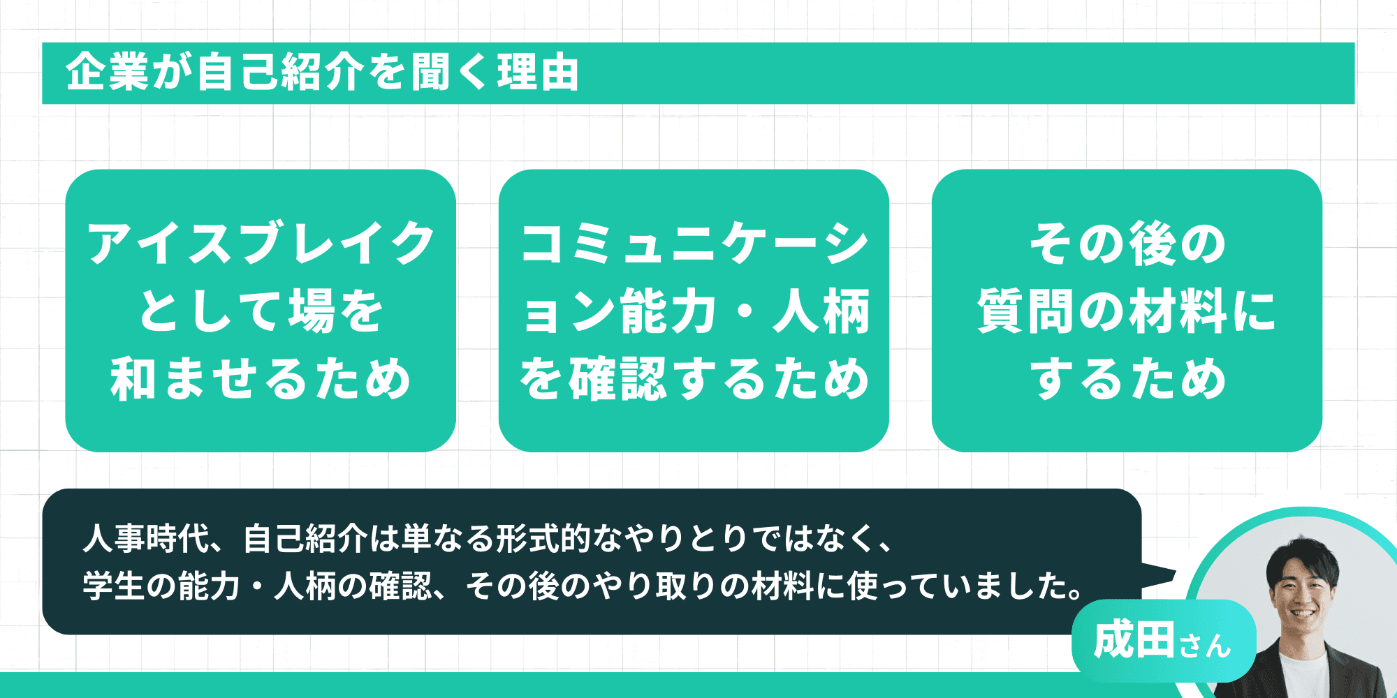 企業が自己紹介を聞く理由。アイスブレイクとして場を和ませるため、コミュニケーション能力・人柄を確認するため、その後の質問の材料にするための3つ。人事経験者の成田さんによる「自己紹介は単なる形式的なやりとりではなく、学生の能力・人柄の確認、その後のやり取りの材料に使っていました」というコメント。