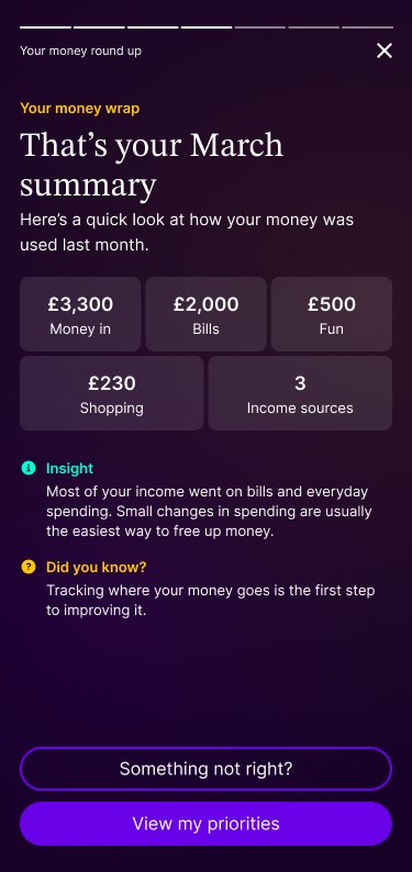 Aida app monthly money wrap summary card with total income, bills, fun spending, and shopping figures, and a button to view personalised priorities