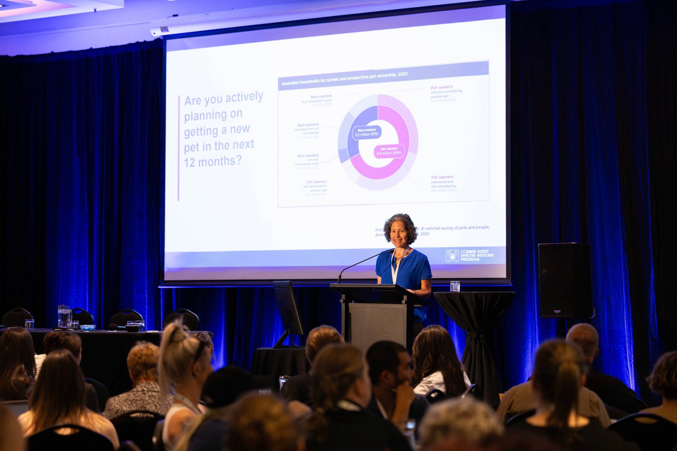 Woman presenting at conference in front of projector screen