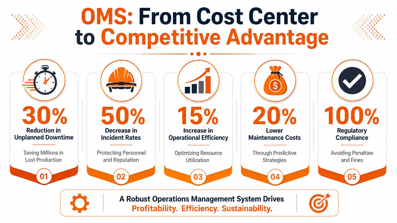 An infographic showing the five key benefits of implementing an operations management system for industrial efficiency.