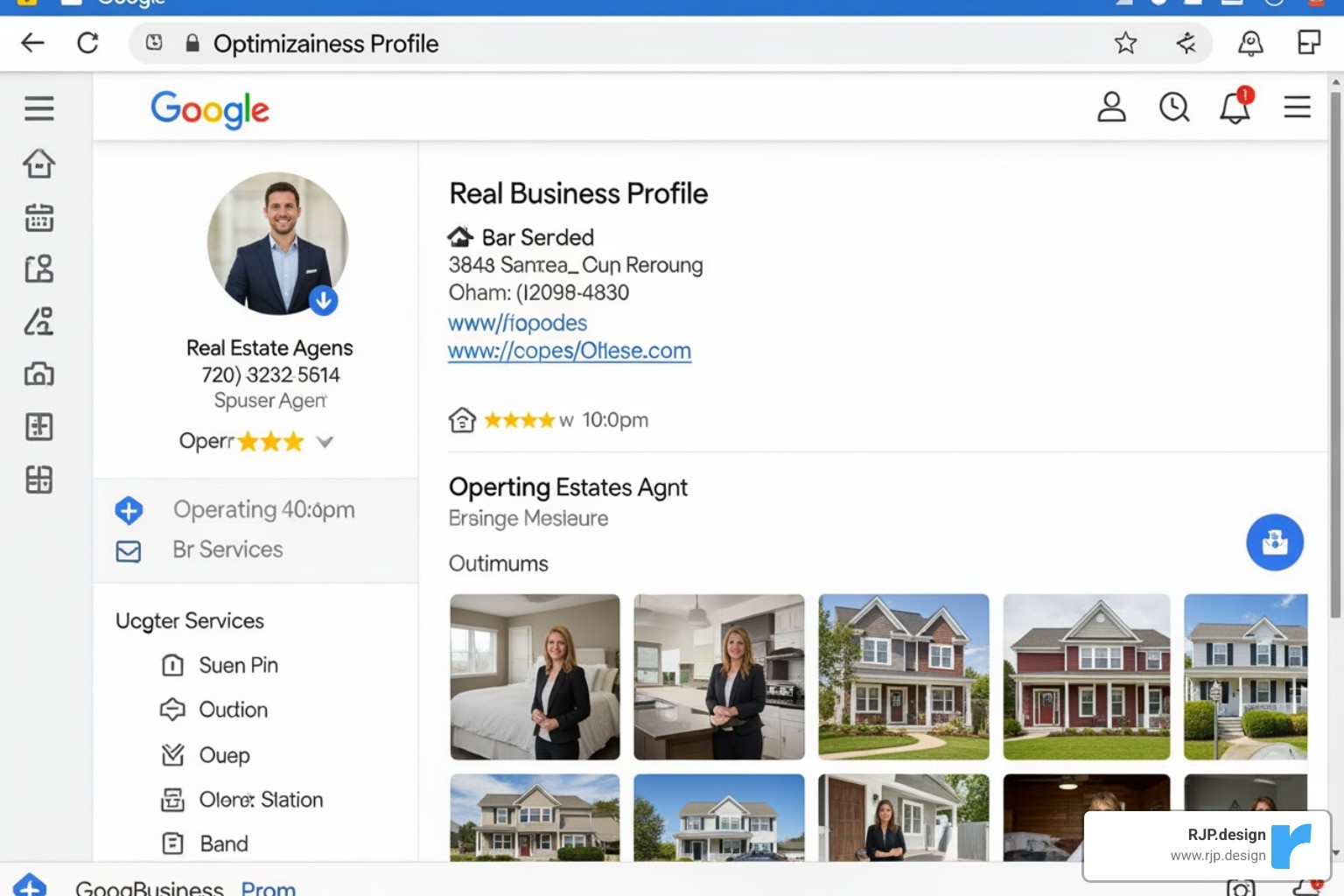 An optimized Google Business Profile for a real estate agent showing business name, address, phone, website, hours, reviews, services, and photos. - local seo for real estate agents