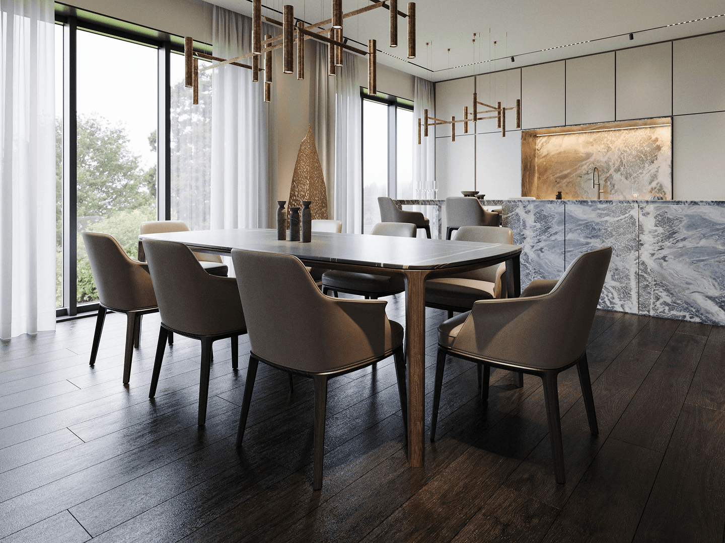 Cuisine (détail matière + lumière) + vue plan/échantillons en surimpression.