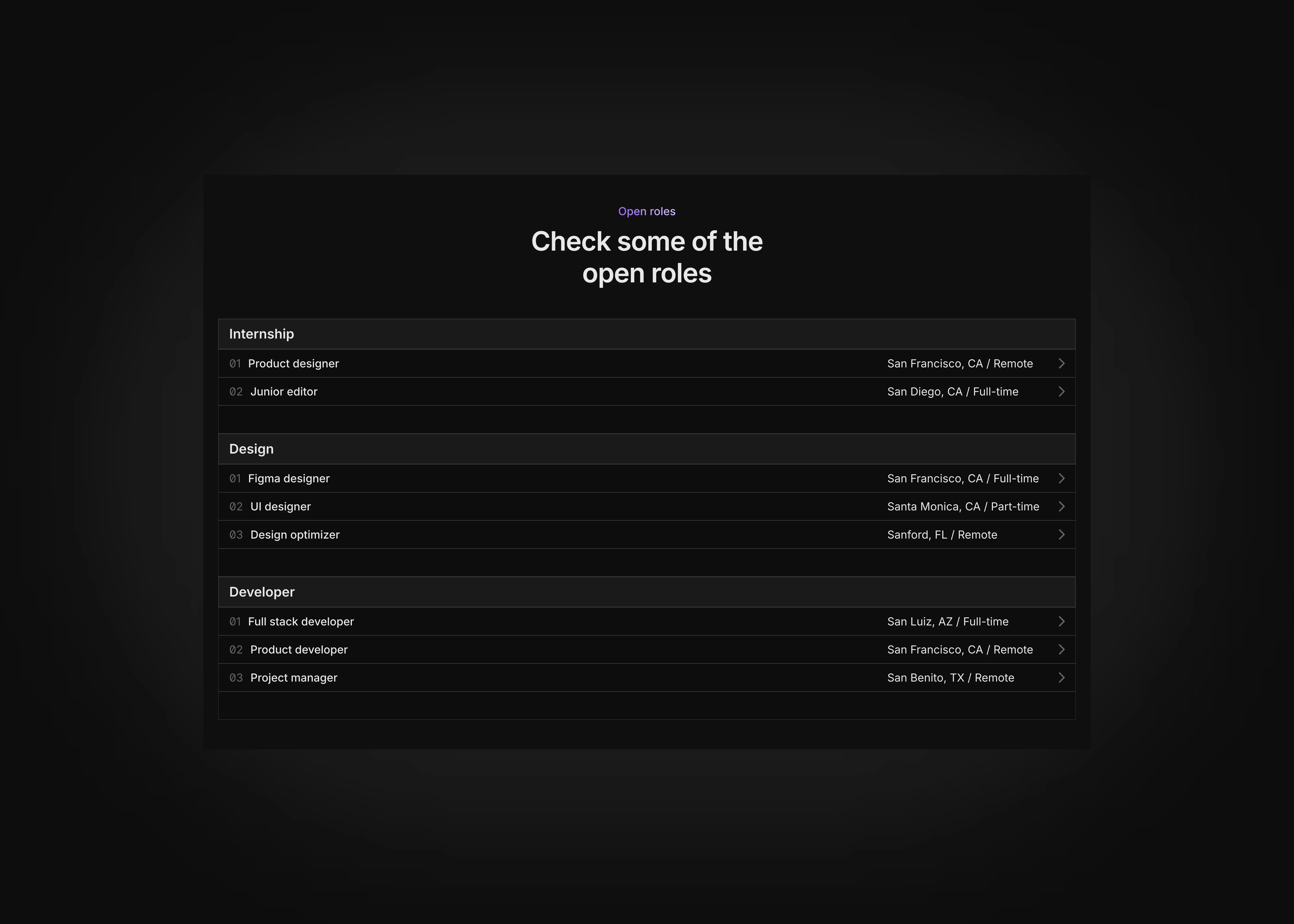Careers page section in dark theme with hover effect for desktop devices