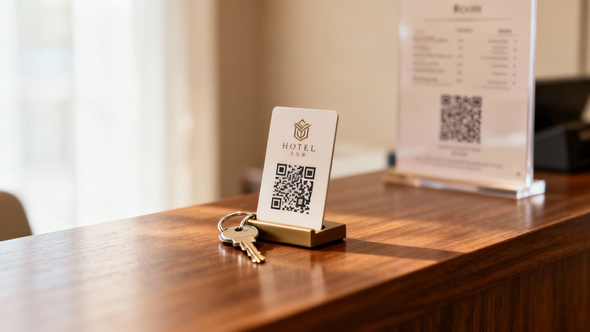 A QR code on a table tent in a restaurant setting.
