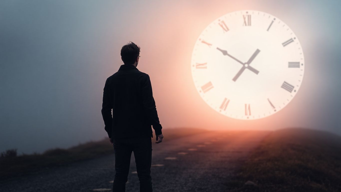Person hesitating at a foggy crossroads, clock melting.