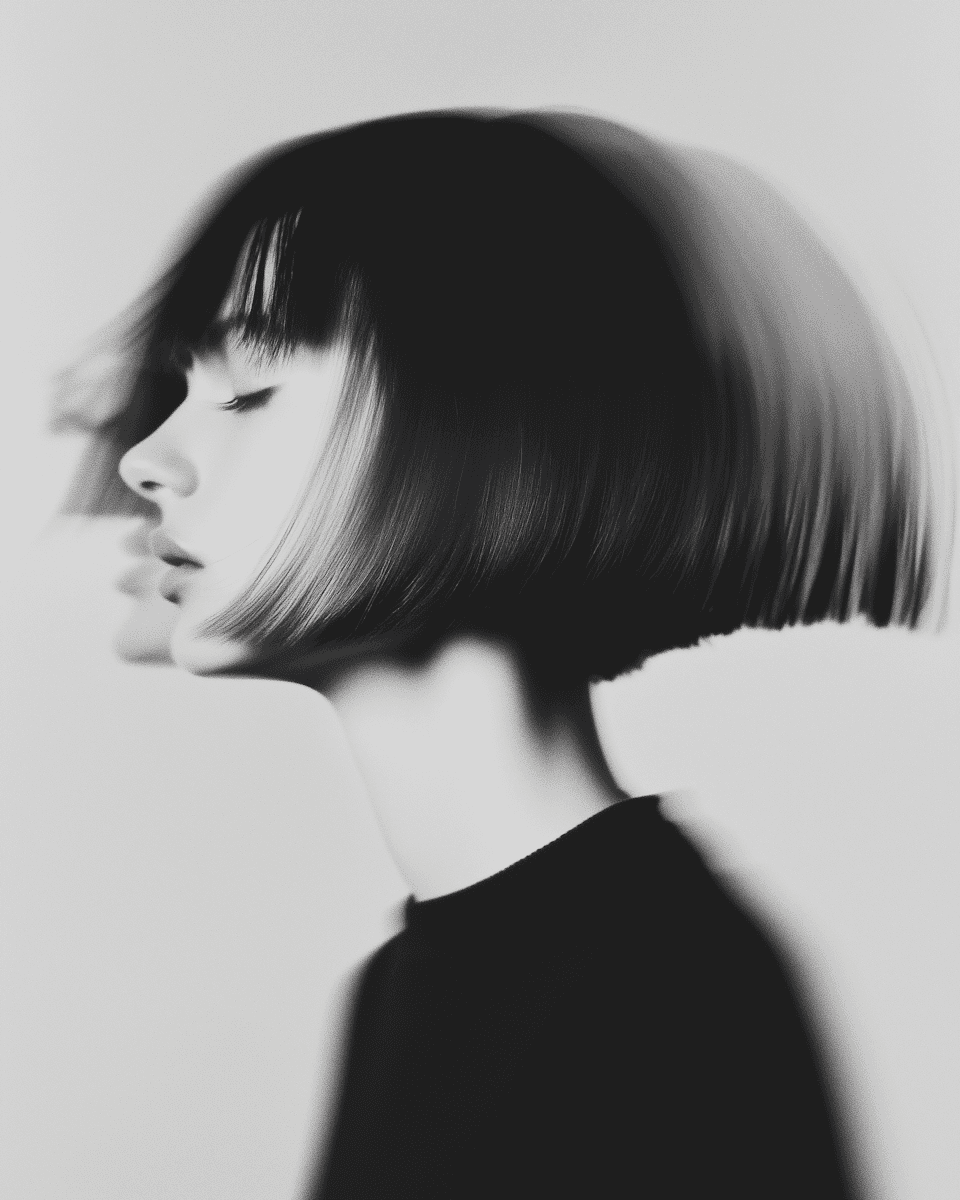 A monochromatic closeup image of a young woman with a bob cat, relaxed and tranquil