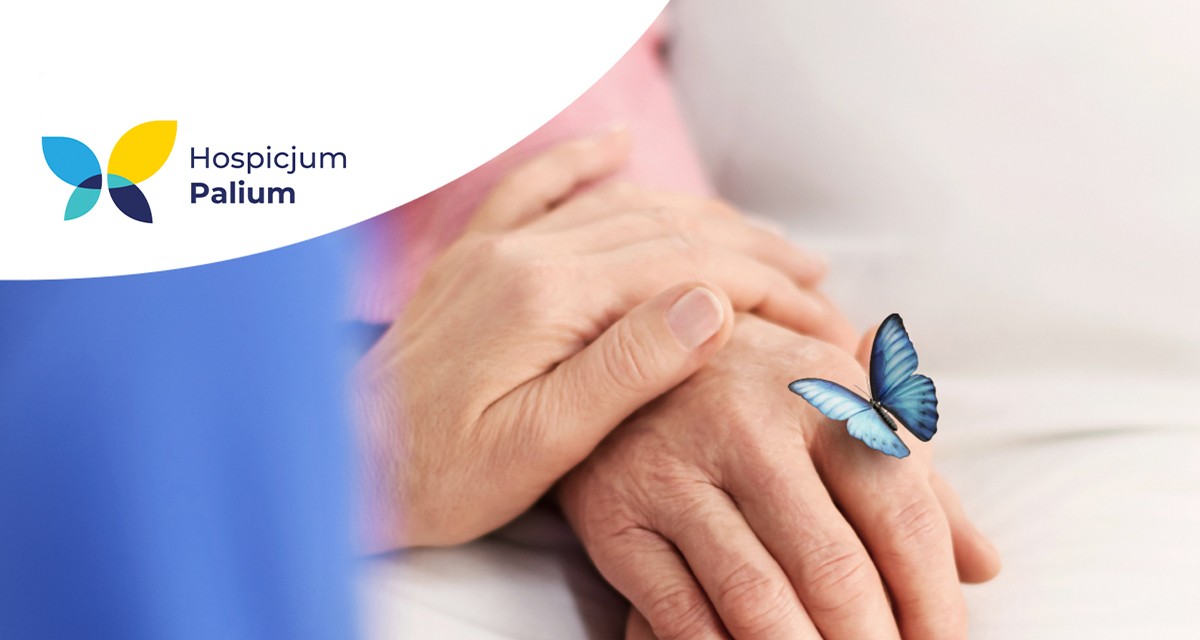 Two hands are clasped together, with a blue butterfly logo in the corner. Soft, neutral background.