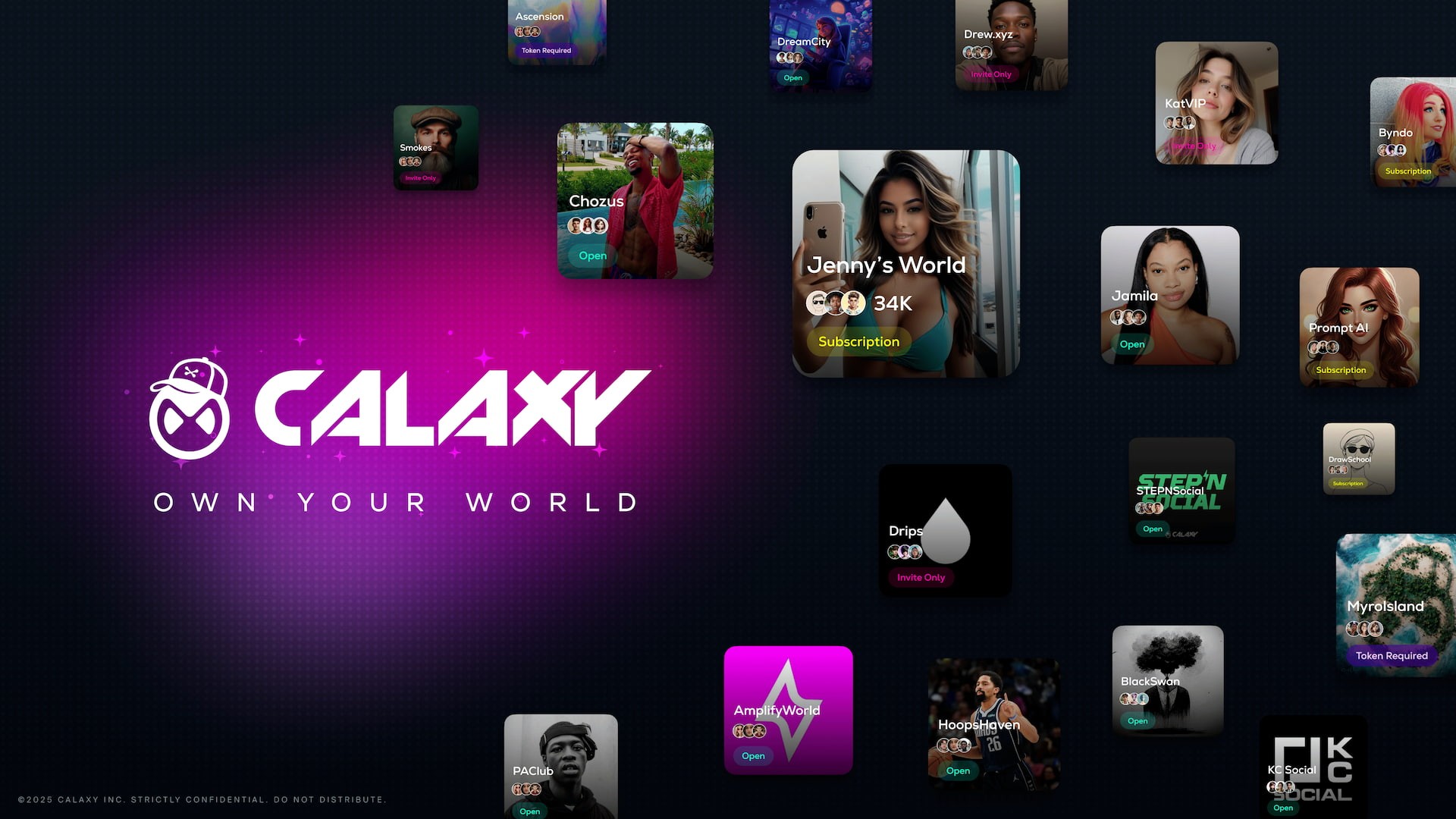 Calaxy pitch deck title slide - Own Your World tagline with creator World tiles including Jenny's World, Chozus, HoopsHaven, and AmplifyWorld communities