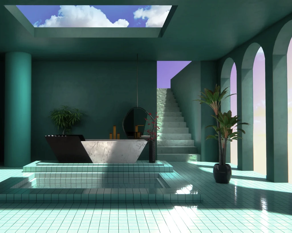 A spacious bathroom featuring a sizable tub and a skylight, providing ample natural light.