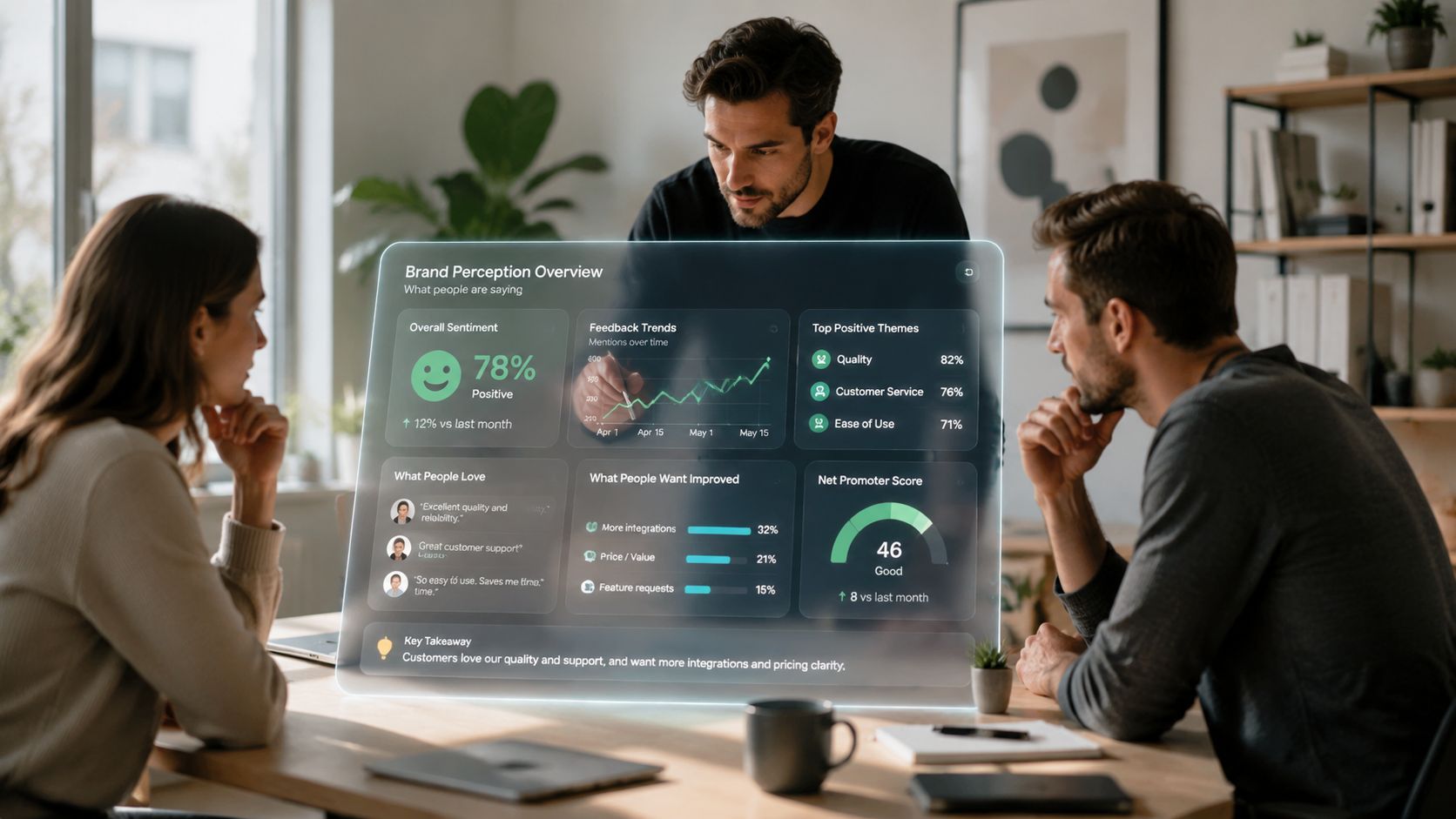 A professional team reviews a holographic business analytics dashboard showing brand perception, sentiment, and customer feedback trends.