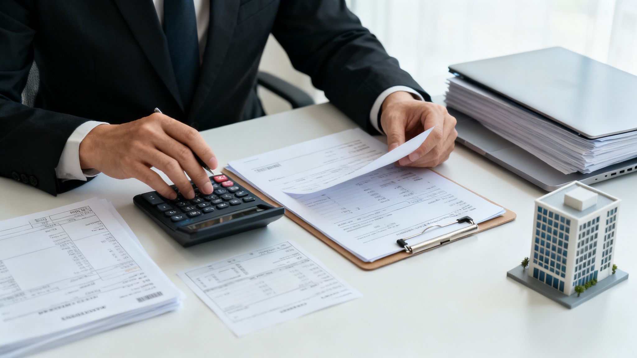 En man i kostym använder en kalkylator och granskar dokument, med en byggnadsmodell på bordet.