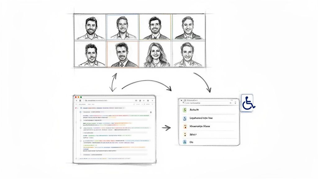 Diagram illustrating virtual meeting participants whose speech is processed into accessible, structured transcriptions with features.