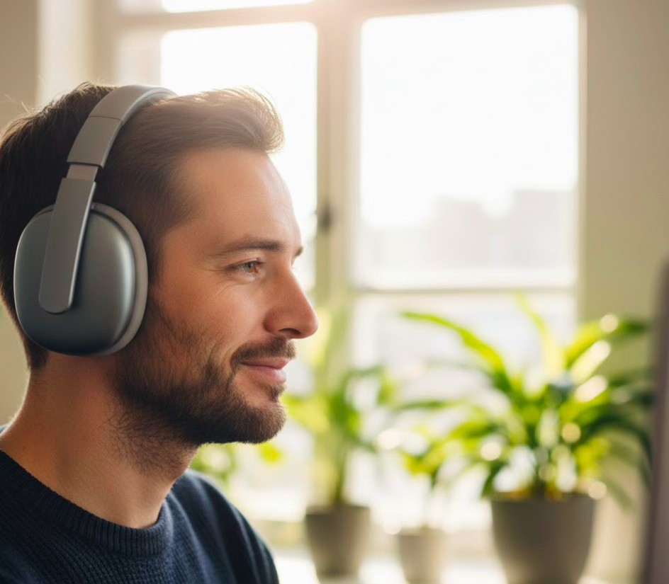 Side profile of a focused employee wearing noise-cancelling headphones in a modern, plant-filled workspace.