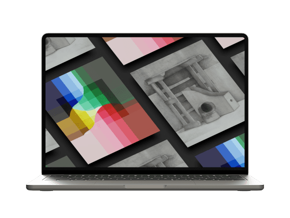Laptop displaying abstract visual compositions and color studies as part of an art project.