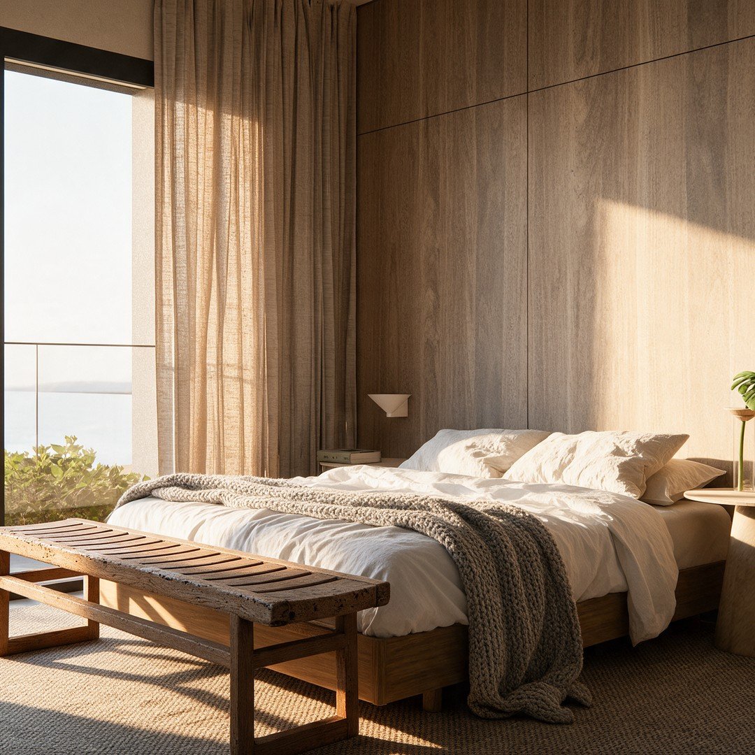 O mesmo quarto refeito com IA, com sol de fim de tarde e manta de tricô